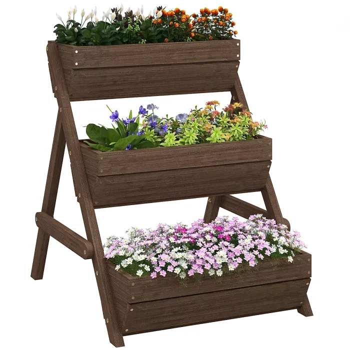 Outsunny 3 Tier Raised Garden Bed Wooden Elevated Planter Box Kit, Tan
