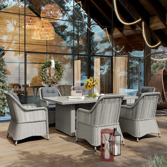 Outsunny 6 Seater Rattan Dining Set with Glass Top Table and Cushions, Grey