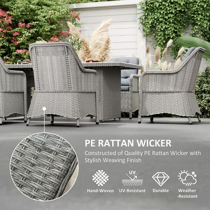 Outsunny 6 Seater Rattan Dining Set with Glass Top Table and Cushions, Grey