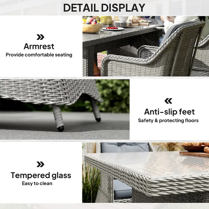 Outsunny 6 Seater Rattan Dining Set with Glass Top Table and Cushions, Grey
