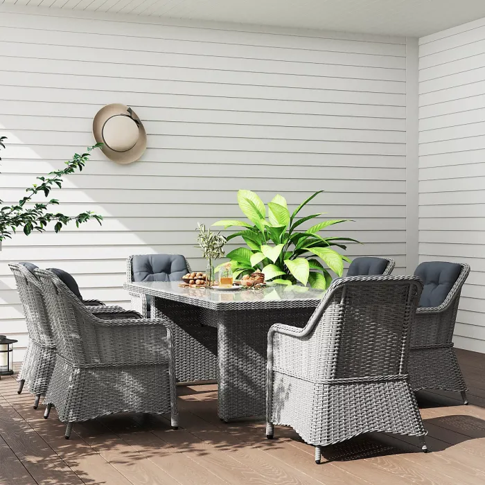 Outsunny 6 Seater Rattan Dining Set with Glass Top Table and Cushions, Grey