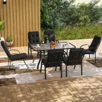 Outsunny 7 PCs Garden Dining Set w/ Umbrella Hole & Cushion, Black