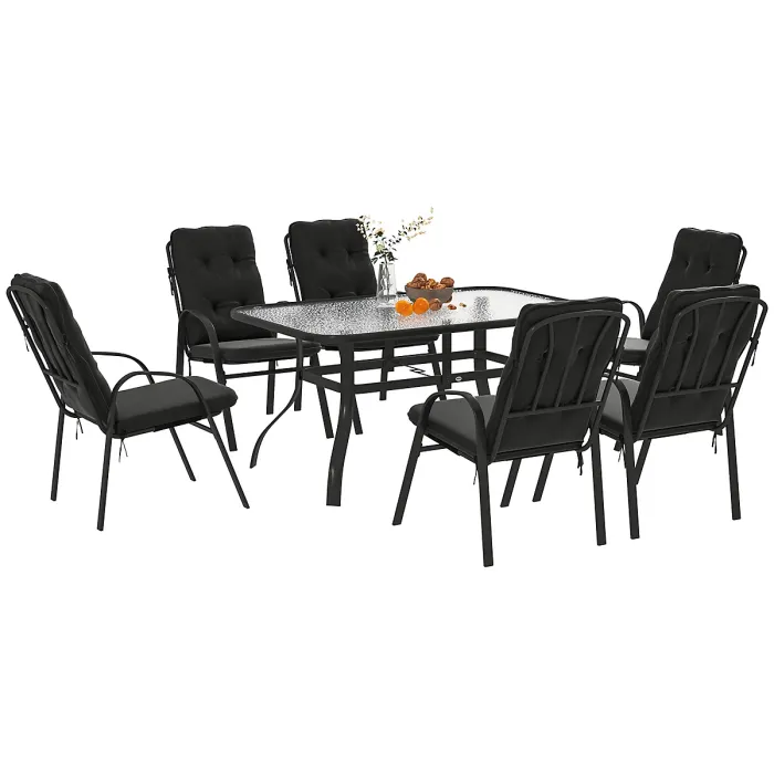 Outsunny 7 PCs Garden Dining Set w/ Umbrella Hole & Cushion, Black
