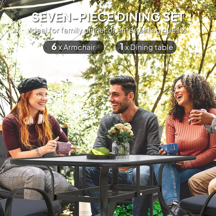 Outsunny 7 PCs Garden Dining Set w/ Umbrella Hole & Cushion, Black