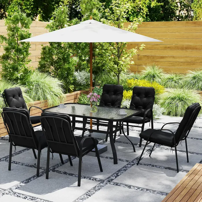 Outsunny 7 PCs Garden Dining Set w/ Umbrella Hole & Cushion, Black