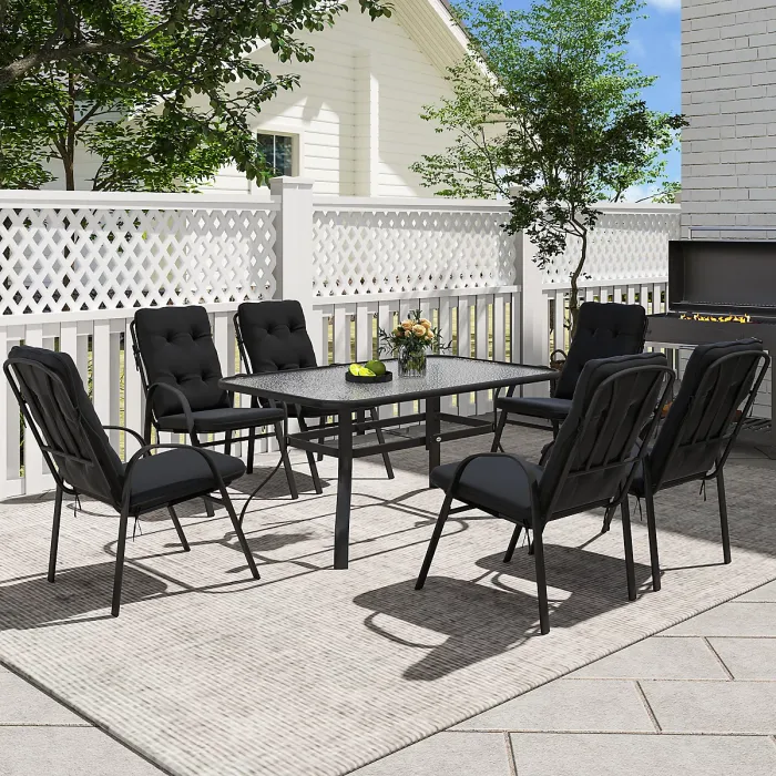 Outsunny 7 PCs Garden Dining Set w/ Umbrella Hole & Cushion, Black