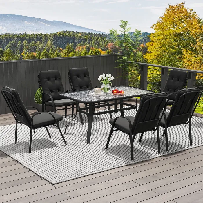 Outsunny 7 PCs Garden Dining Set w/ Umbrella Hole & Cushion, Black