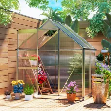 Outsunny Polycarbonate Walk-in Garden Greenhouse w/ Sliding Door Silver Tone