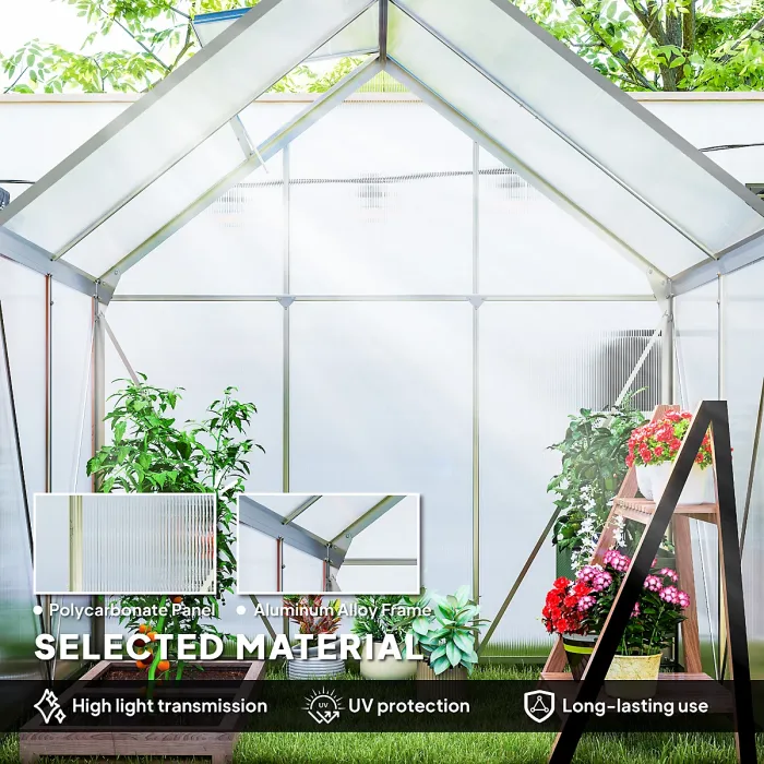 Outsunny Polycarbonate Walk-in Garden Greenhouse w/ Sliding Door Silver Tone