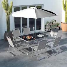 Outsunny 8 Pcs Garden Table and Chairs with Parasol Tempered Glass Top Grey