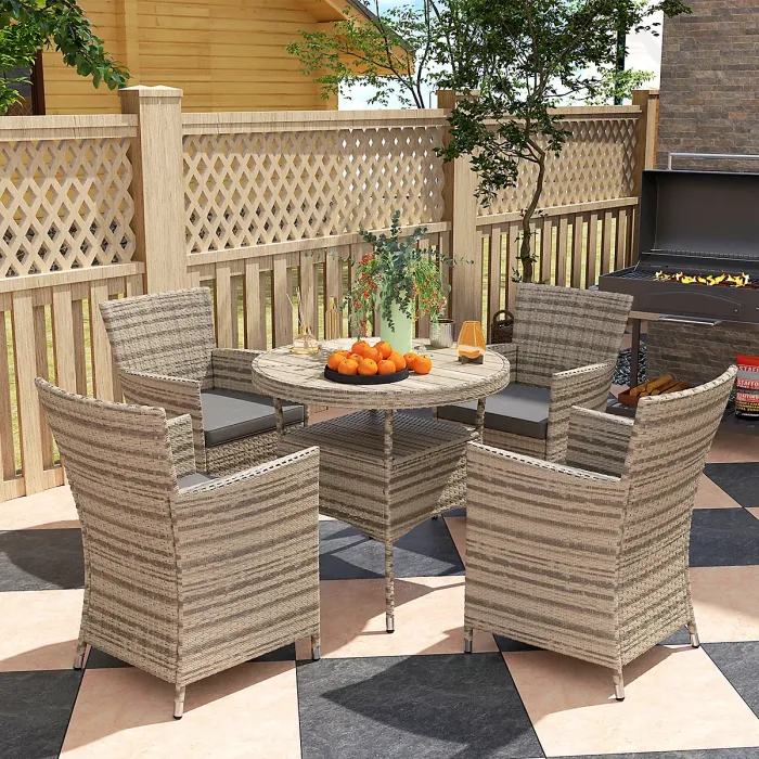 Outsunny Rattan Dining Set for 4 with Cushions for Patio, Balcony, Grey