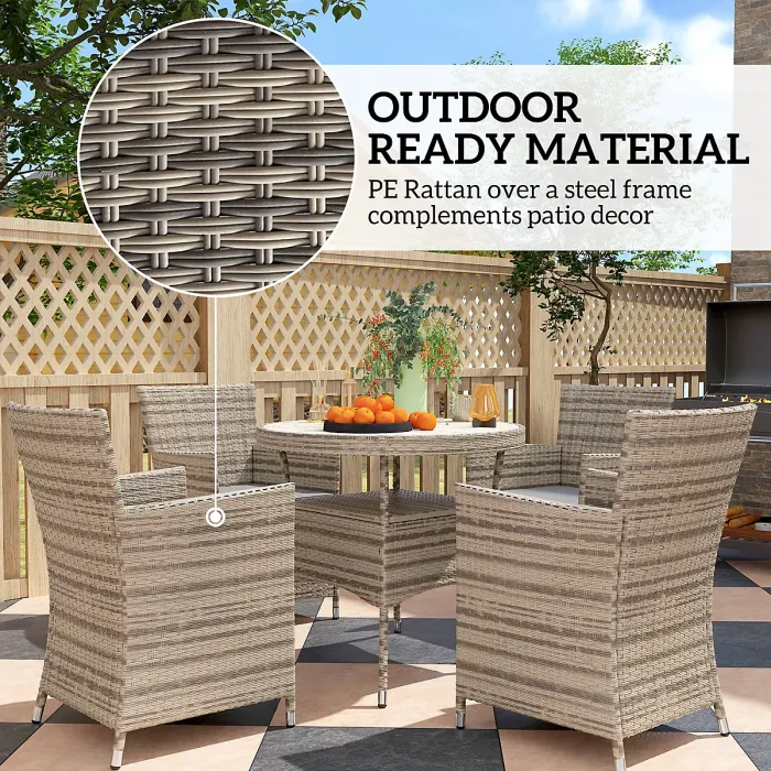 Outsunny Rattan Dining Set for 4 with Cushions for Patio, Balcony, Grey