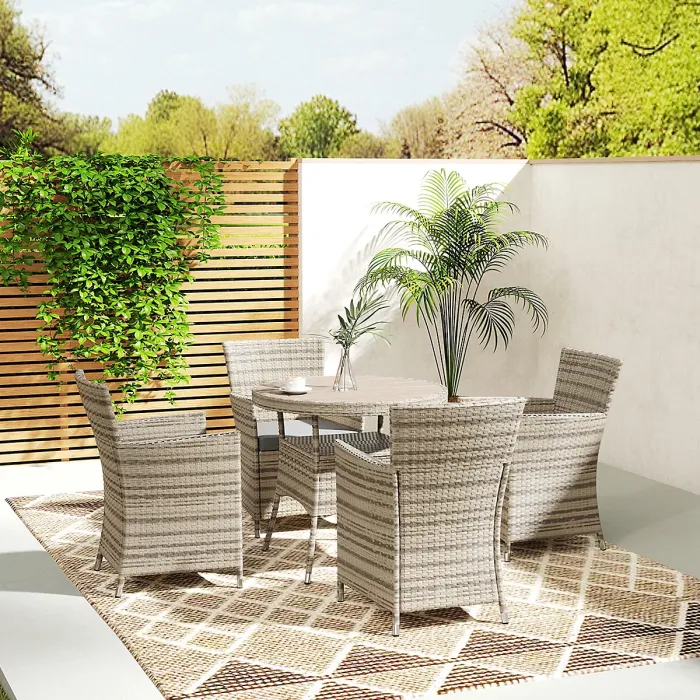 Outsunny Rattan Dining Set for 4 with Cushions for Patio, Balcony, Grey