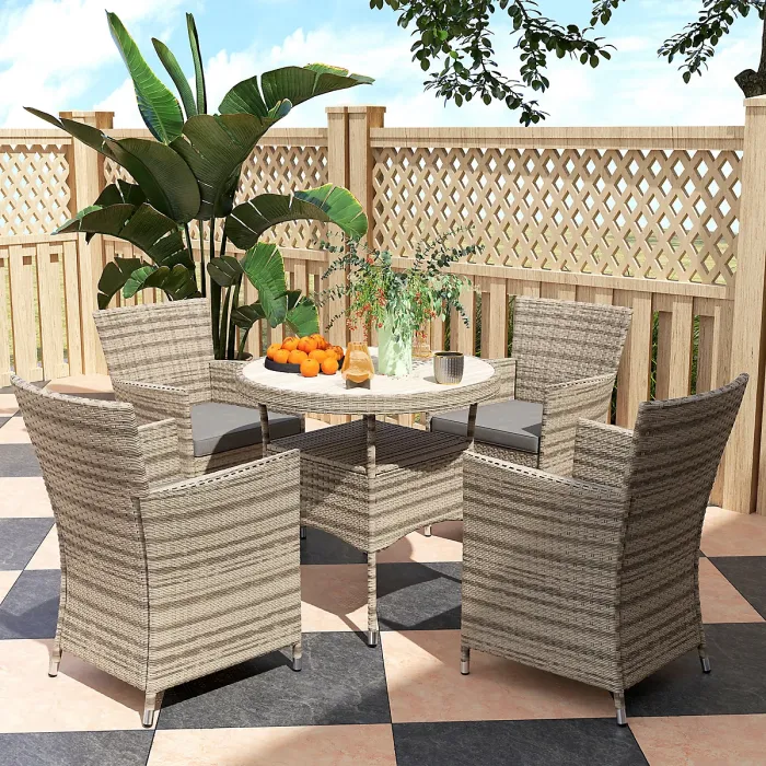 Outsunny Rattan Dining Set for 4 with Cushions for Patio, Balcony, Grey
