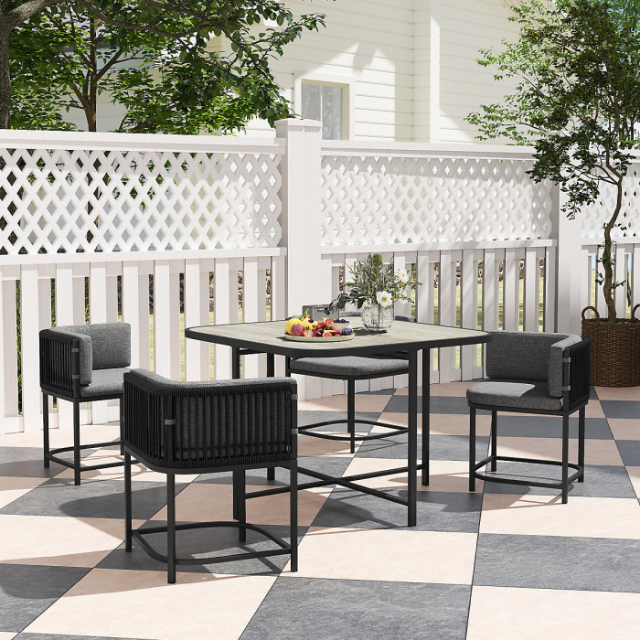 Outsunny 4 Seater Rattan Dining Set with Cushions, Charcoal Grey