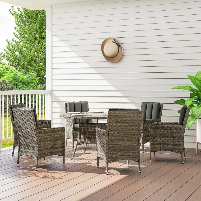 Outsunny 6 Seater Rattan Outdoor Dining Set with Cushions, Light Grey