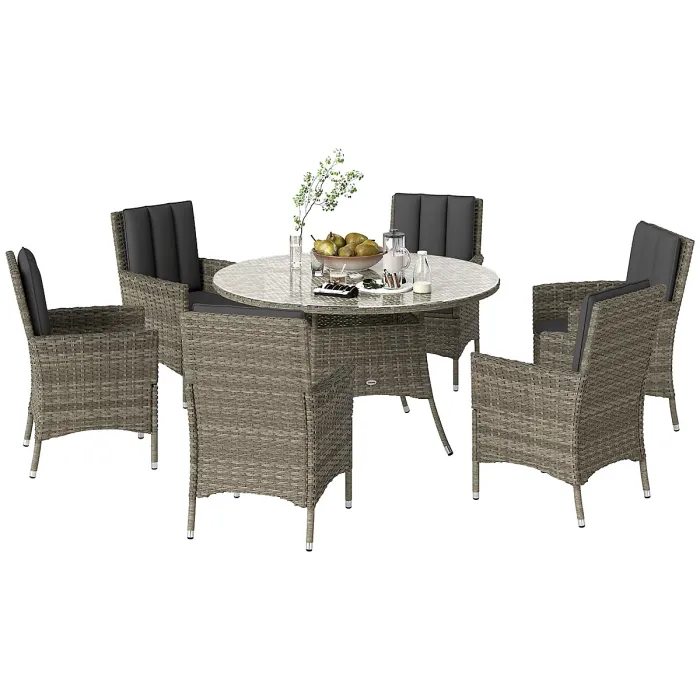 Outsunny 6 Seater Rattan Outdoor Dining Set with Cushions, Light Grey