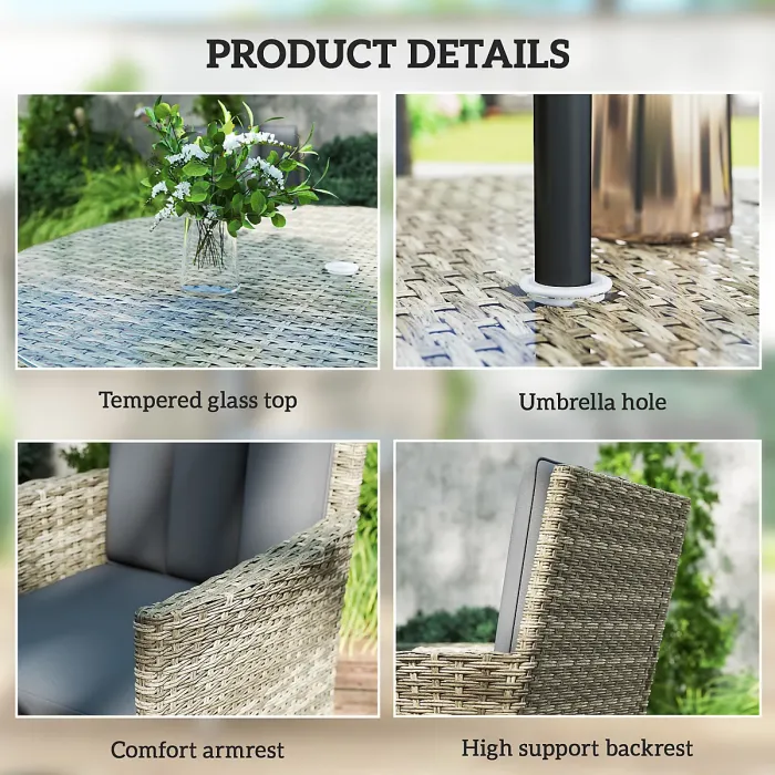 Outsunny 6 Seater Rattan Outdoor Dining Set with Cushions, Light Grey