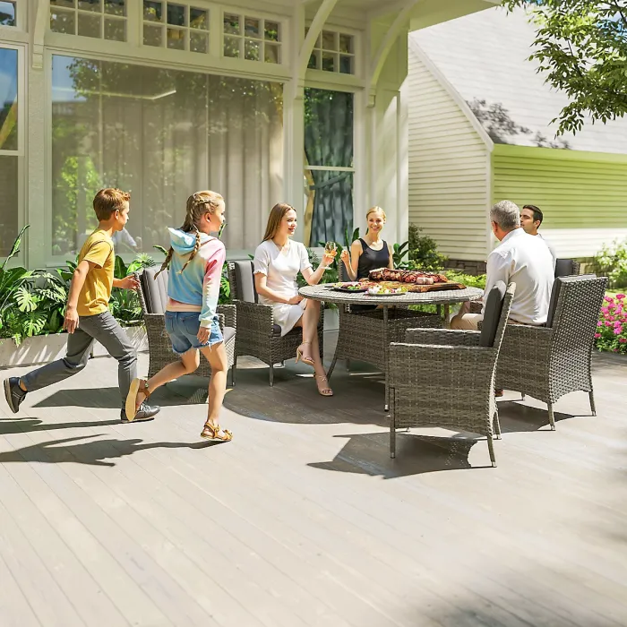 Outsunny 6 Seater Rattan Outdoor Dining Set with Cushions, Light Grey