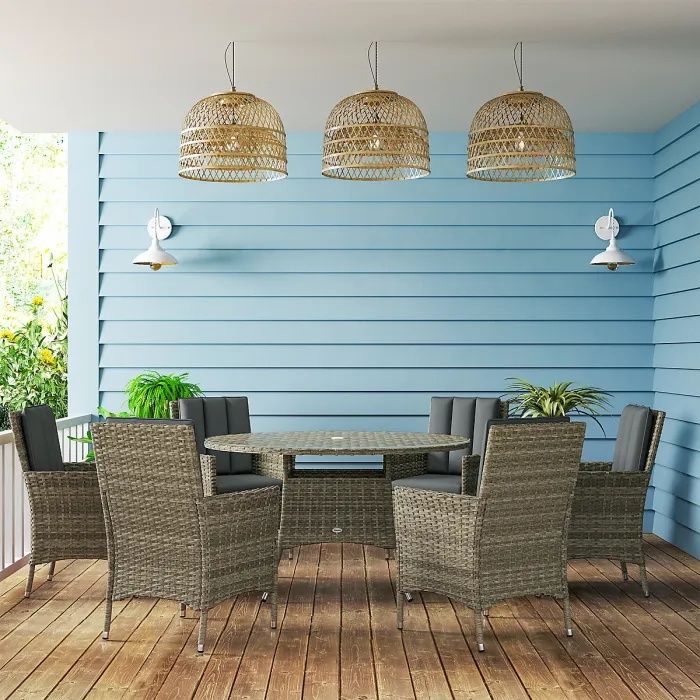 Outsunny 6 Seater Rattan Outdoor Dining Set with Cushions, Light Grey