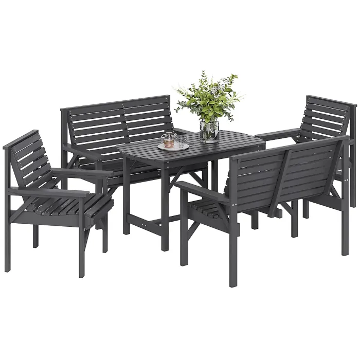 Outsunny 5PC Patio Dining Set Wooden Table and Chairs w/ Umbrella Hole Grey