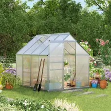 Outsunny Polycarbonate Walk-in Garden Greenhouse w/ Sliding Door Silver Tone
