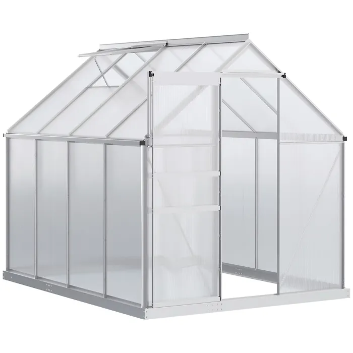 Outsunny Polycarbonate Walk-in Garden Greenhouse w/ Sliding Door Silver Tone