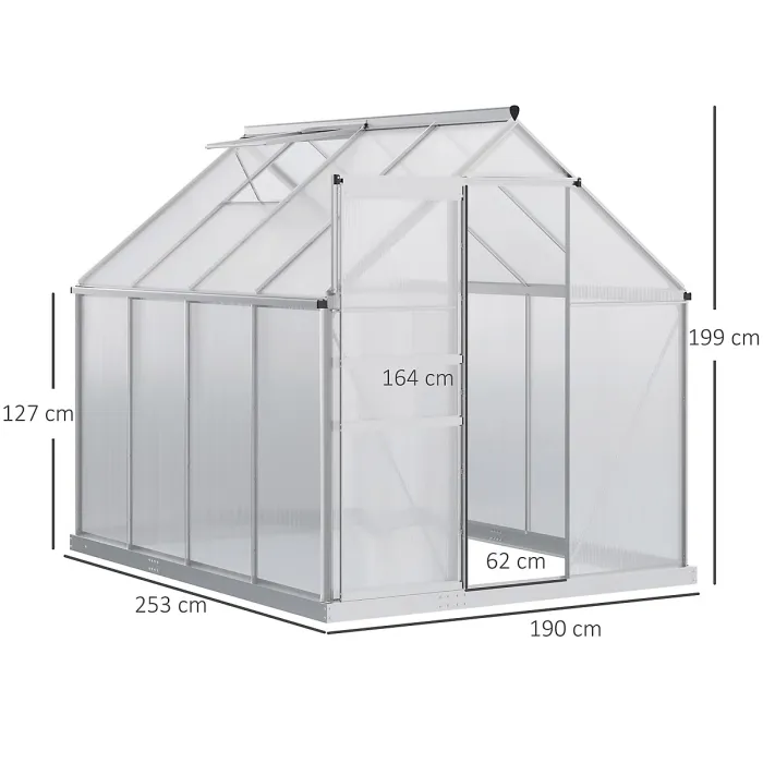 Outsunny Polycarbonate Walk-in Garden Greenhouse w/ Sliding Door Silver Tone