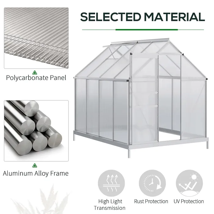 Outsunny Polycarbonate Walk-in Garden Greenhouse w/ Sliding Door Silver Tone