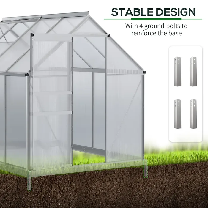 Outsunny Polycarbonate Walk-in Garden Greenhouse w/ Sliding Door Silver Tone