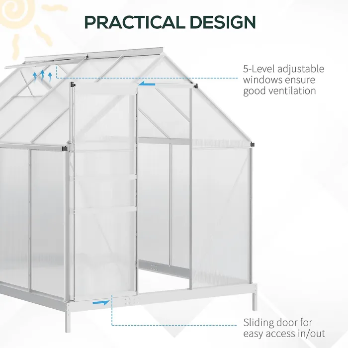 Outsunny Polycarbonate Walk-in Garden Greenhouse w/ Sliding Door Silver Tone