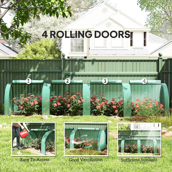 Outsunny Tunnel Greenhouse Steel Frame for Garden w/ Zipper Doors, Green