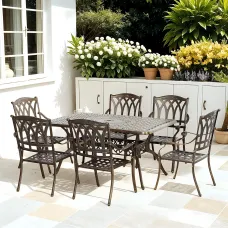 Outsunny 7 Pieces Cast Aluminium Garden Dining Set with Parasol Hole, Bronze