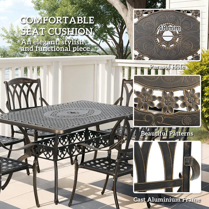 Outsunny 7 Pieces Cast Aluminium Garden Dining Set with Parasol Hole, Bronze