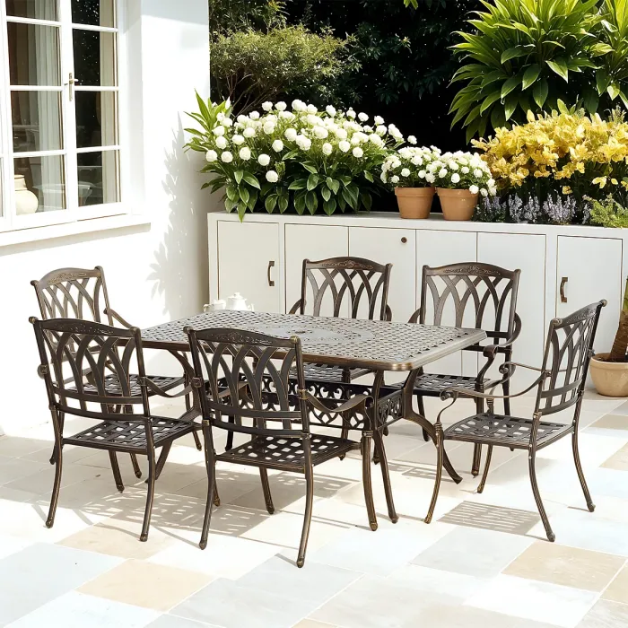 Outsunny 7 Pieces Cast Aluminium Garden Dining Set with Parasol Hole, Bronze