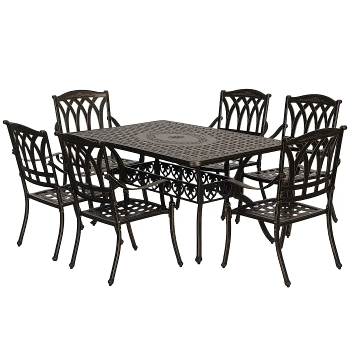 Outsunny 7 Pieces Cast Aluminium Garden Dining Set with Parasol Hole, Bronze
