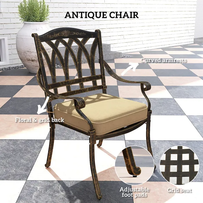 Outsunny 7 Pieces Cast Aluminium Garden Dining Set with Parasol Hole, Bronze