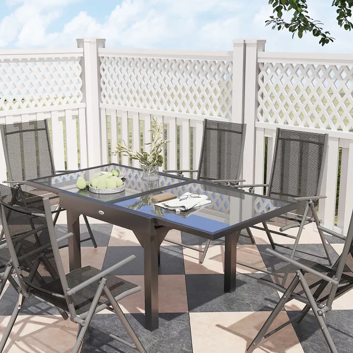 Outsunny 7 Piece Outdoor Dining Set w/ Extendable Table and 6 Folding Chairs