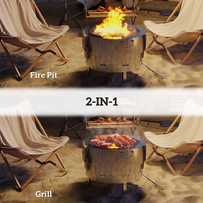 Outsunny Round Fire Pit with Grill Net, Stainless Steel Firepit, Silver