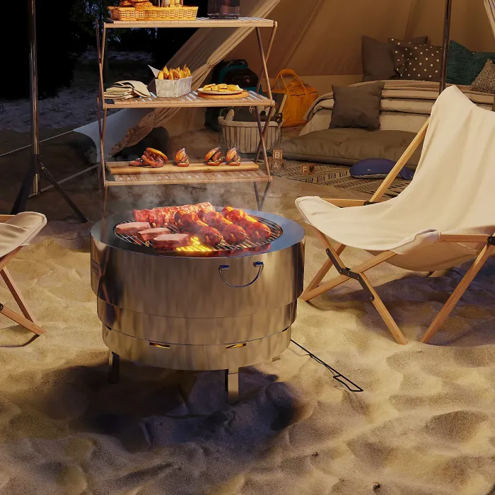 Outsunny Round Fire Pit with Grill Net, Stainless Steel Firepit, Silver