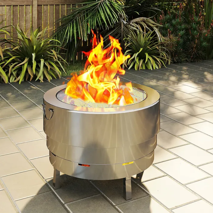 Outsunny Round Fire Pit with Grill Net, Stainless Steel Firepit, Silver