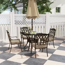 Outsunny 5 Pieces Cast Aluminium Garden Dining Set with Parasol Hole, Bronze