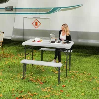 Outsunny 3 Piece Folding Picnic Table and Bench Set w/ Handle, Light Grey