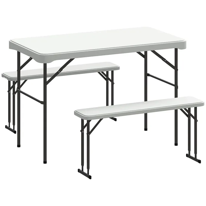 Outsunny 3 Piece Folding Picnic Table and Bench Set w/ Handle, Light Grey