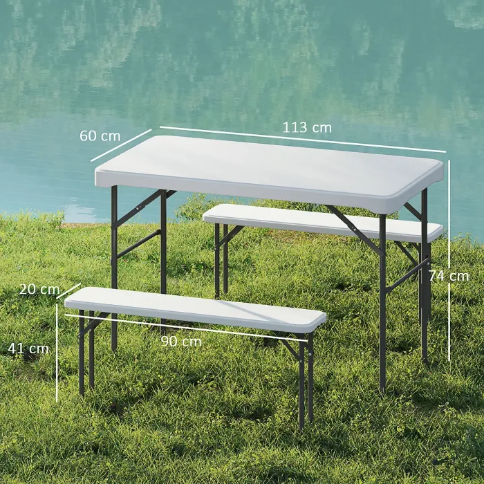 Outsunny 3 Piece Folding Picnic Table and Bench Set w/ Handle, Light Grey