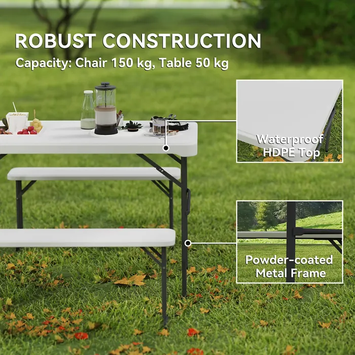 Outsunny 3 Piece Folding Picnic Table and Bench Set w/ Handle, Light Grey