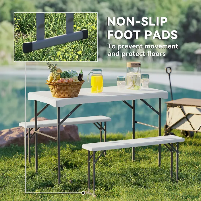 Outsunny 3 Piece Folding Picnic Table and Bench Set w/ Handle, Light Grey