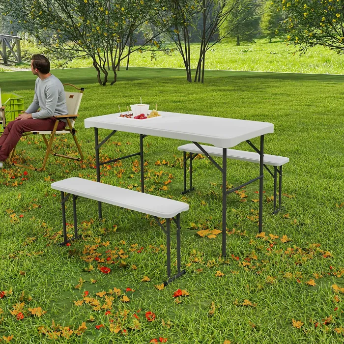 Outsunny 3 Piece Folding Picnic Table and Bench Set w/ Handle, Light Grey