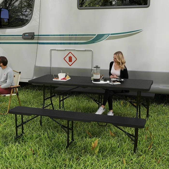Outsunny Rattan Effect Folding Picnic Table and Bench Set w/ Handles, Black