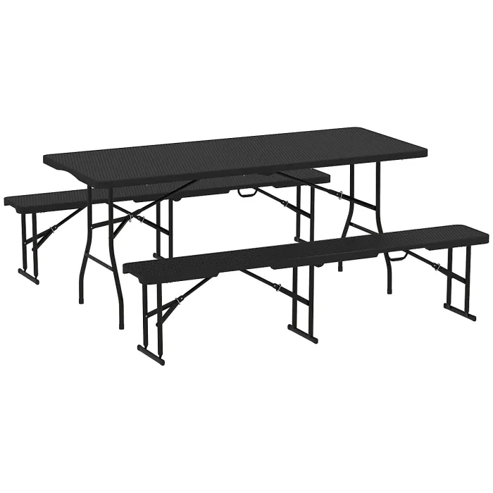 Outsunny Rattan Effect Folding Picnic Table and Bench Set w/ Handles, Black